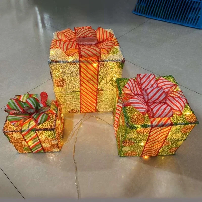 Christmas decorative gift box three-piece stacking ornament wrought iron gift box luminous Christmas atmosphere decorative props