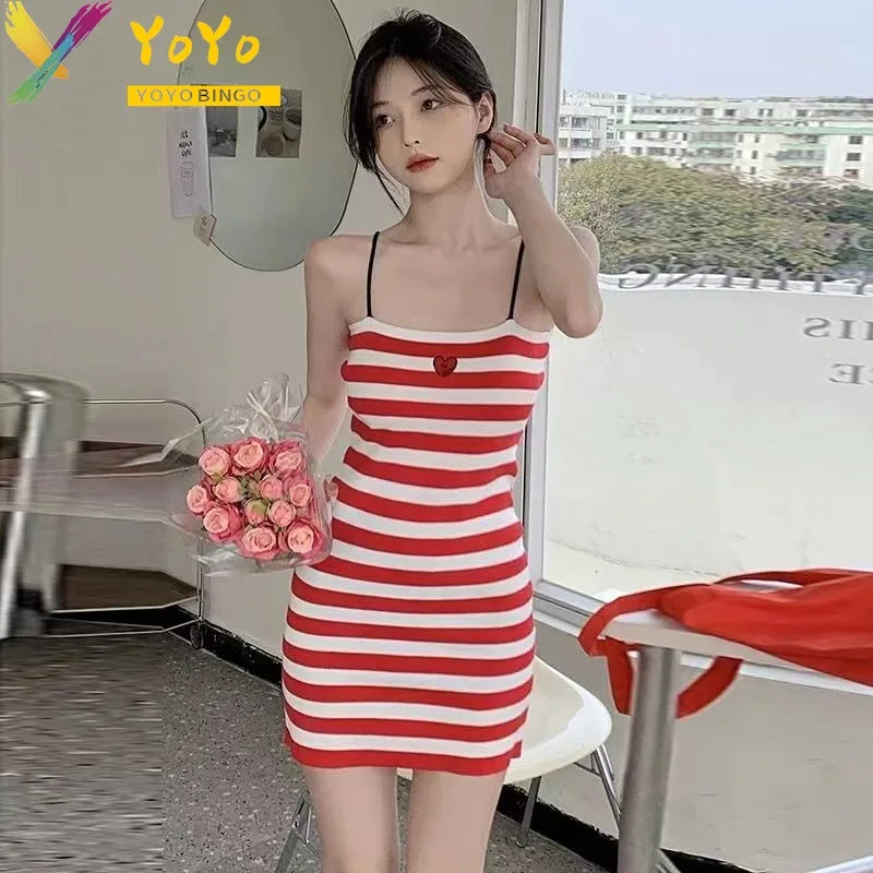 Sexy Stripe Love Knitted Spaghetti Strap Pencil Dress for Women's 2024 New Fashion Elegant Slim Bodycon Nightclub Sweater Dress