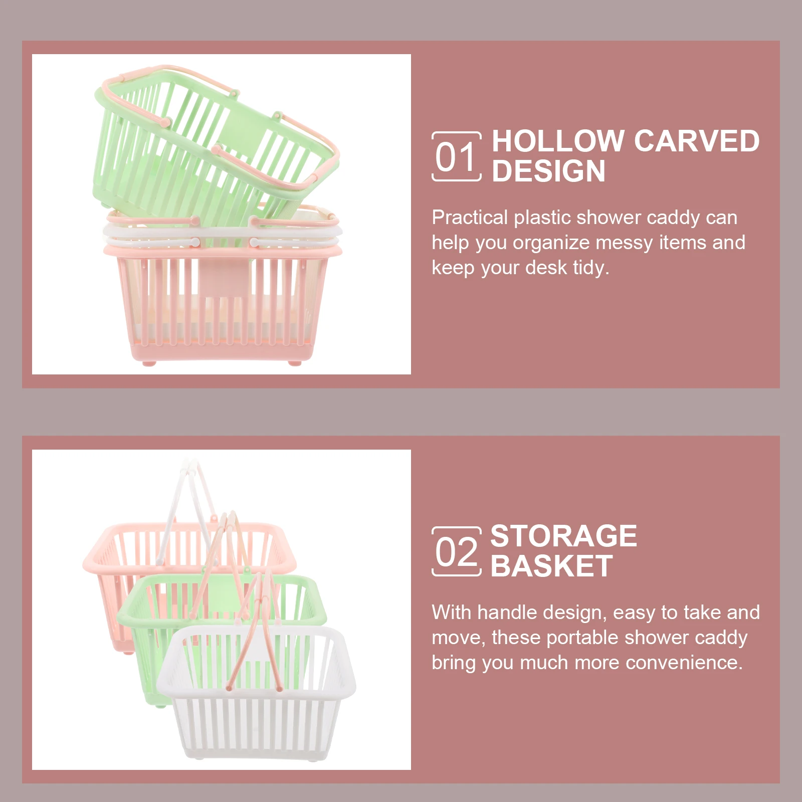 

3pcs Storage Basket Small Plastic Baskets with Handle for Kitchen Bathroom Grocery Hollow Design Pink White Green Color