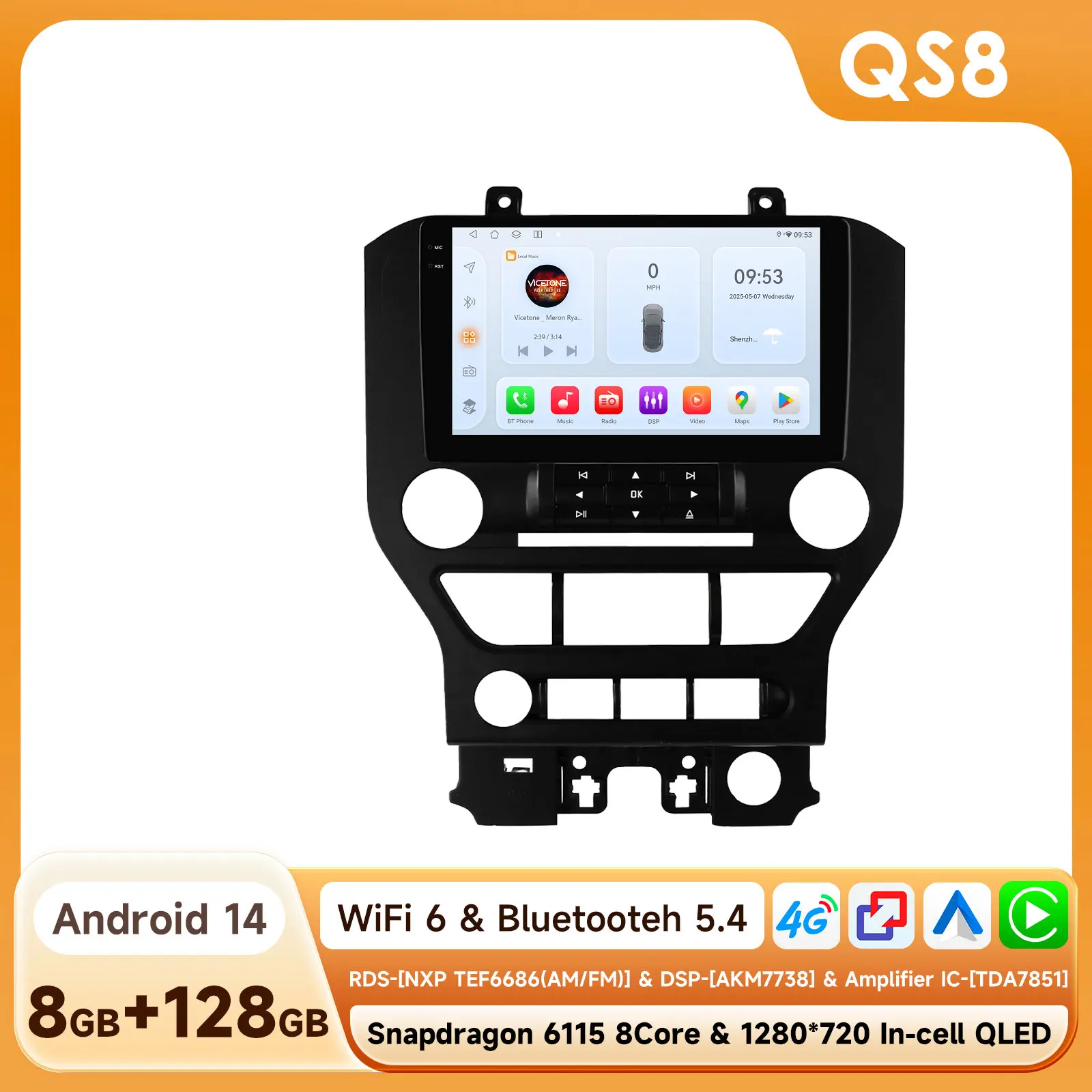 Autoradio für Ford Mustang 2015-2021, kabelloses Carplay, Autoradio mit DSP, 4G WIFI, RDS 6115, Android Auto, GPS-Navigation, intelligente Stereo-Systeme