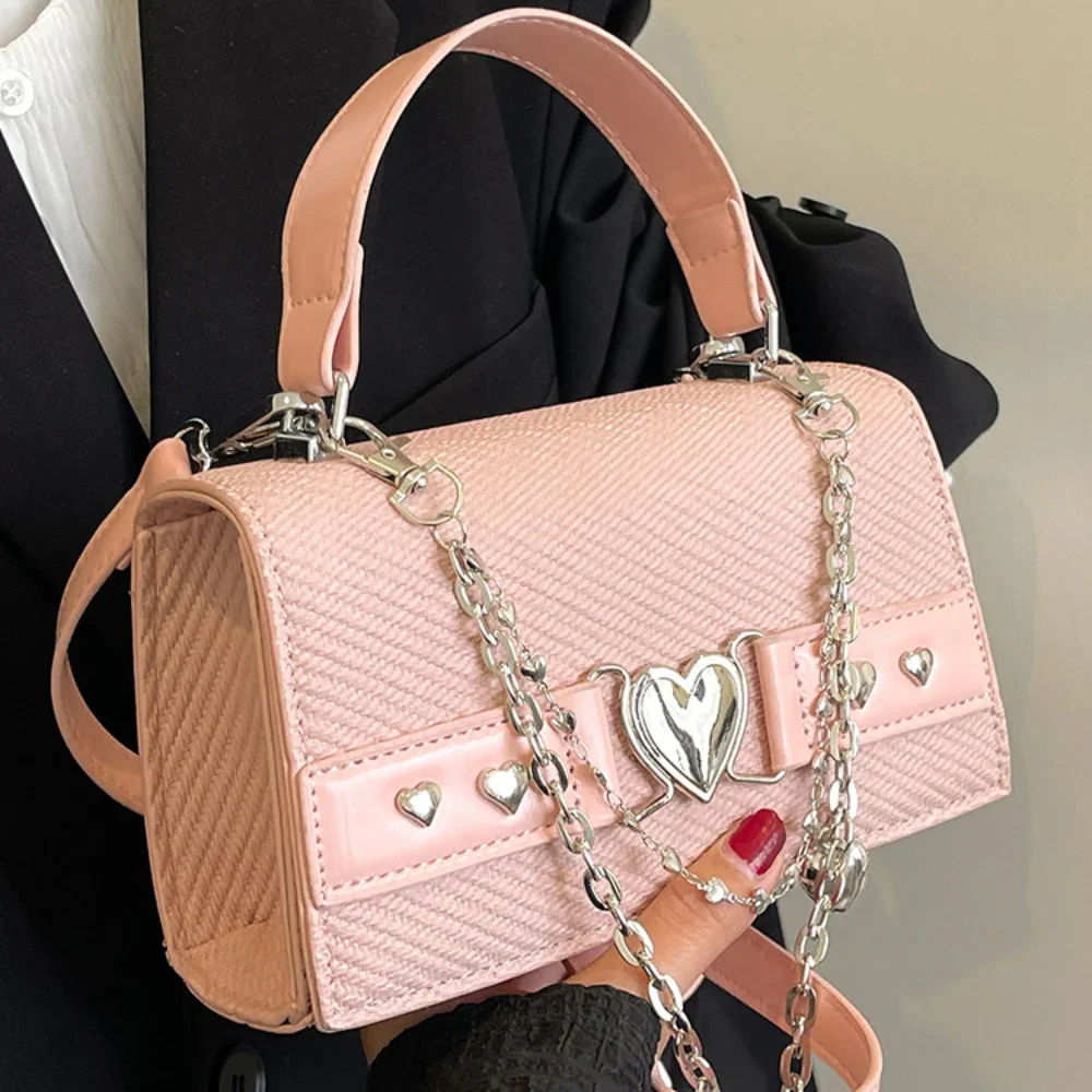 

Chic Y2K Heart Chains Handbags for Women High Grade Buckle Square One Shoulder Bag Daily Versatile Party Crossbody Bags