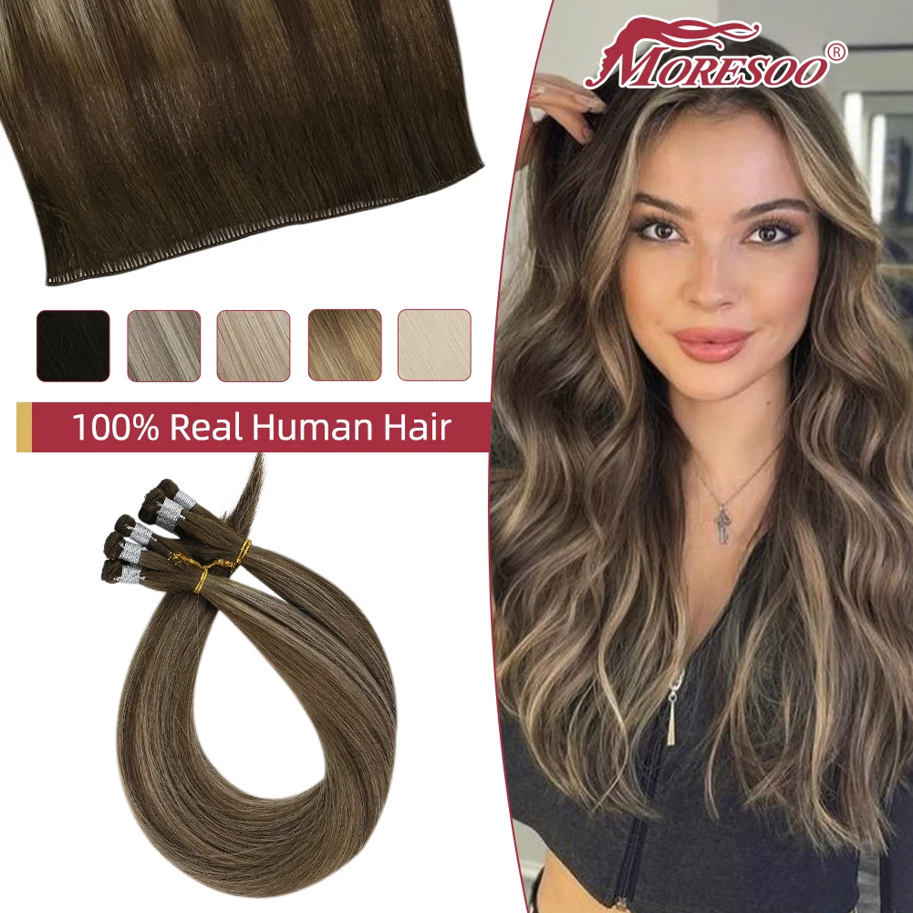 Moresoo Virgin Hair Hand Tied Weft Human Hair Extensions Balayage Highlight Color Natural Straight Seamless Weft Hair Bundle