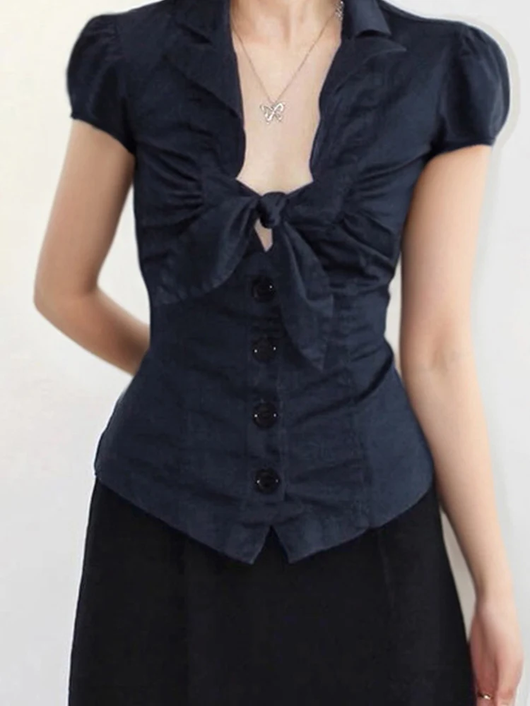 

Amyway Ретро сексуальная девушка на пуговицах irt на талии Cinch плиссированный дизайн с воротником-узлом топ женский модный полиэстер длинный све irt