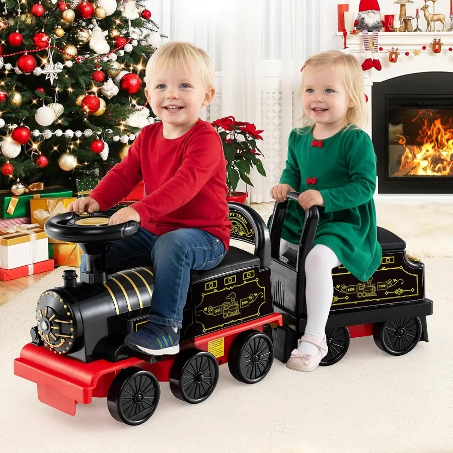 Tren de 2 plazas de 6 V con carro, almacenamiento, silbato de tren, música, luces para mayores de 18 meses (2 plazas, retro)