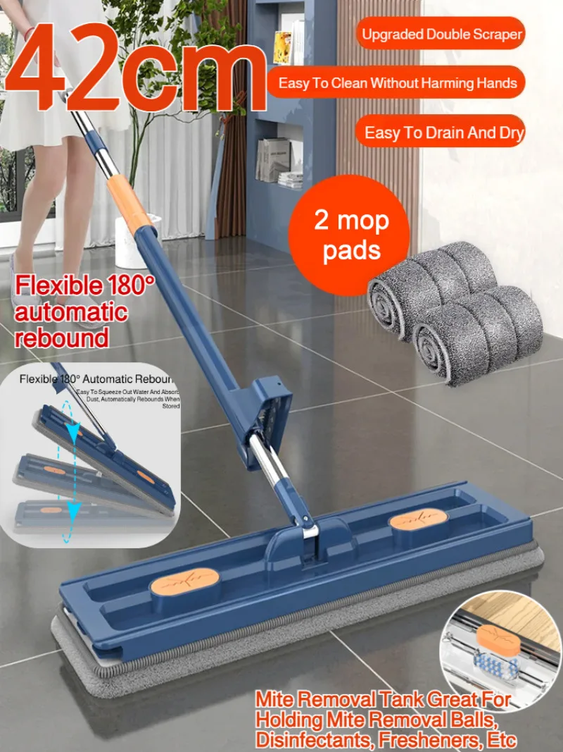 Mopa de 42 cm con panel extendido para el hogar, manos libres, para limpiar suelos de madera, con bolsa absorbente, fácil de usar y sin necesidad de lavar a mano.
