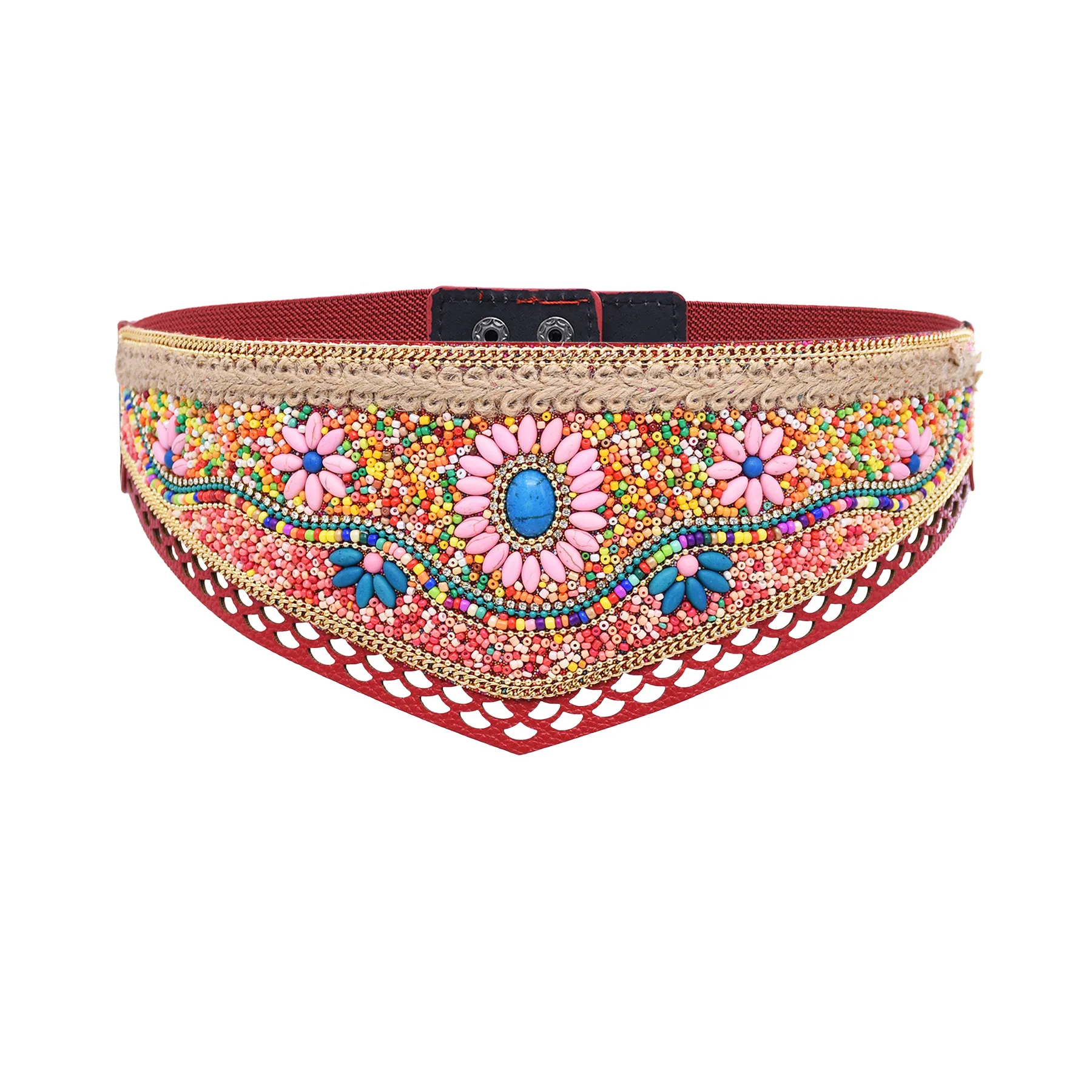 Cinturón bohemio con cuentas y flores para mujer, cinturón étnico con cadena ancha elástica para el cuerpo, vestido para niñas y mujeres
