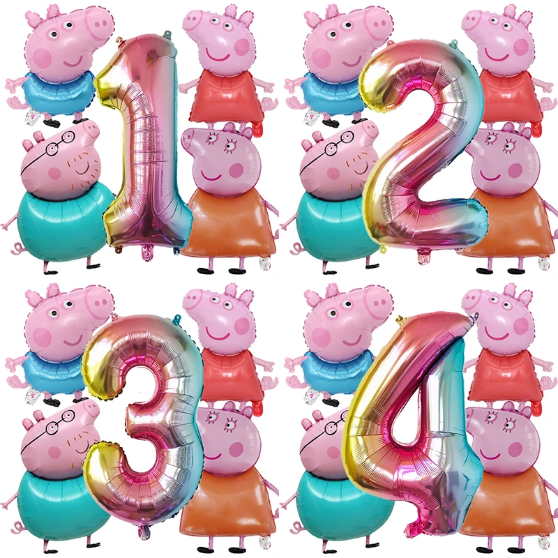 Globos familiares de Peppa Pig, 5 uds., globos de aluminio nuevos con números para cumpleaños, globos de fiesta de anime, accesorios decorativos fotográficos, regalo