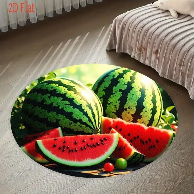 Watermelon Round Rug Flannel Summer Fruit Area Rug Soft Non Slip Carpet Cushion Floor Mat For Bedroom Living Room Decor