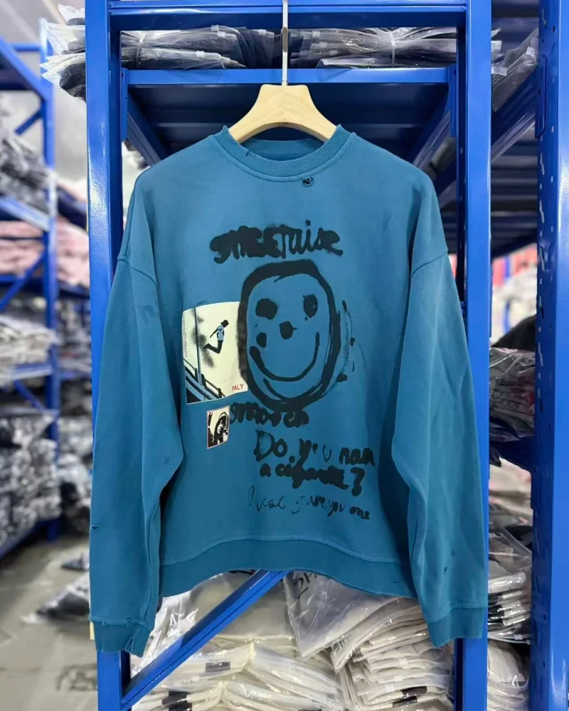 Paly High Street Men's Women's Blue Oversized Heavyweight Vintage Washed Screen-Printed Crewneck Sweatshirt