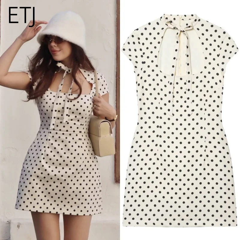 ETJ Damen Polka Dot Kleid mit Bindekragen und quadratischem Ausschnitt, figurbetontes Mini-Sommerkleid 2026 – Trendiges Freizeit-Outfit