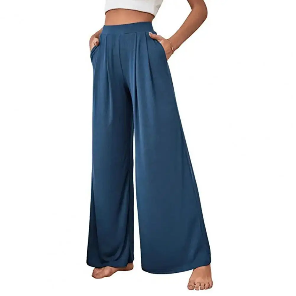 

High Waist Elastic Waistband Slant Pockets Solid Color Woman Pants Straight Wide Leg Draped Office Suit Trousers Female Clothing