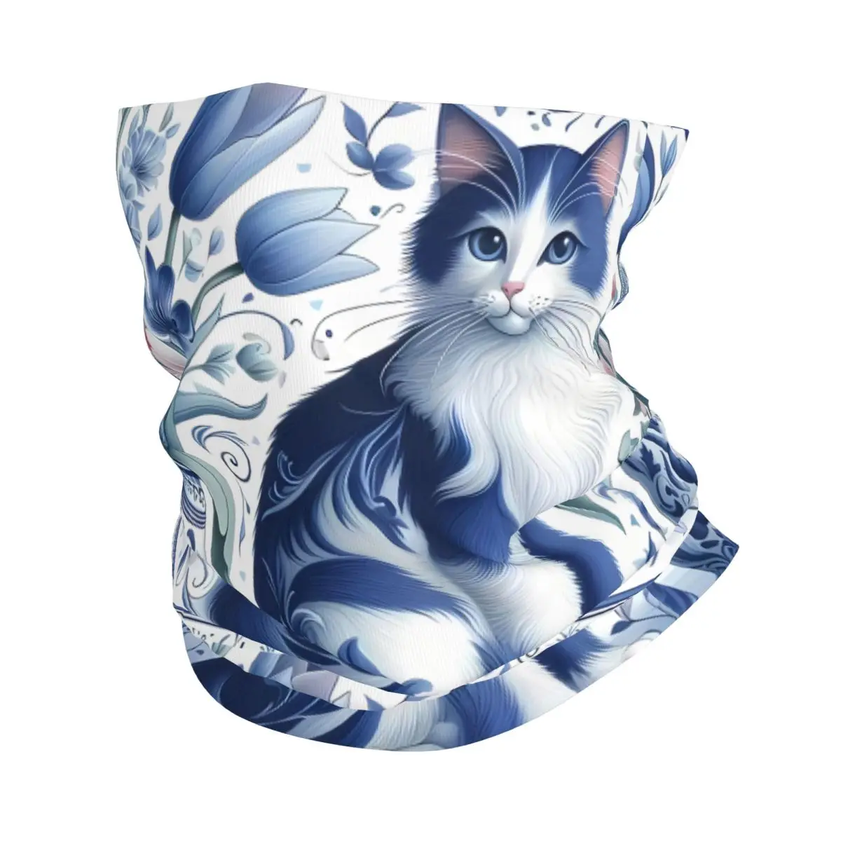 Russian Blue White Porcelain Animal Art Scarf Neckerchief Neck Face Mask Polyester