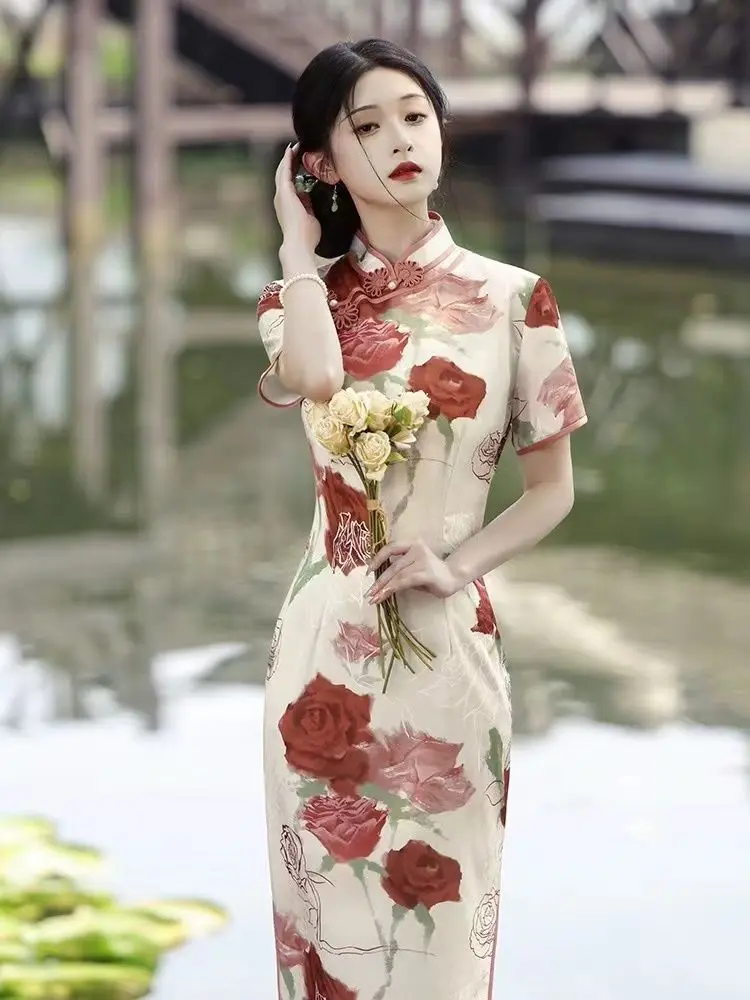 

Yourqipao Improved Version of Long Cheongsam 2023 Chinese Style Women Hanfu Evening Dresses Daily Floral Vestidos Qipao Skirt