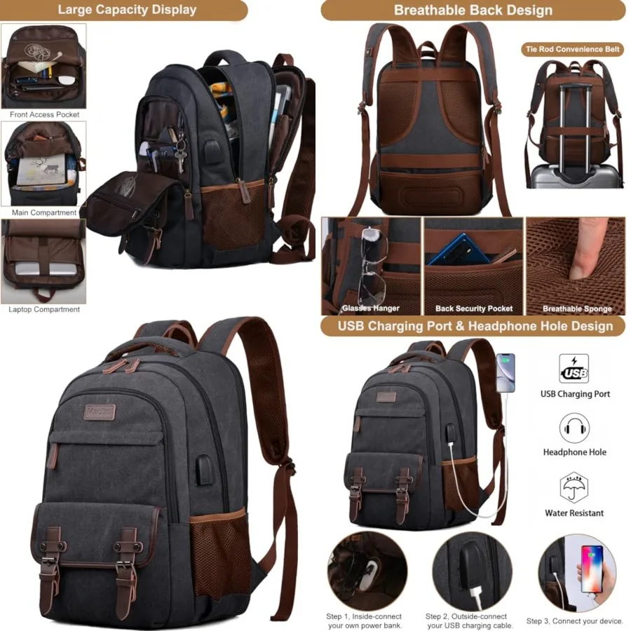 

Canvas Travel Laptop Backpack for Men Women, Business Work Rucksack College School Computer Bag Fits Notebook, Bookbag with USB