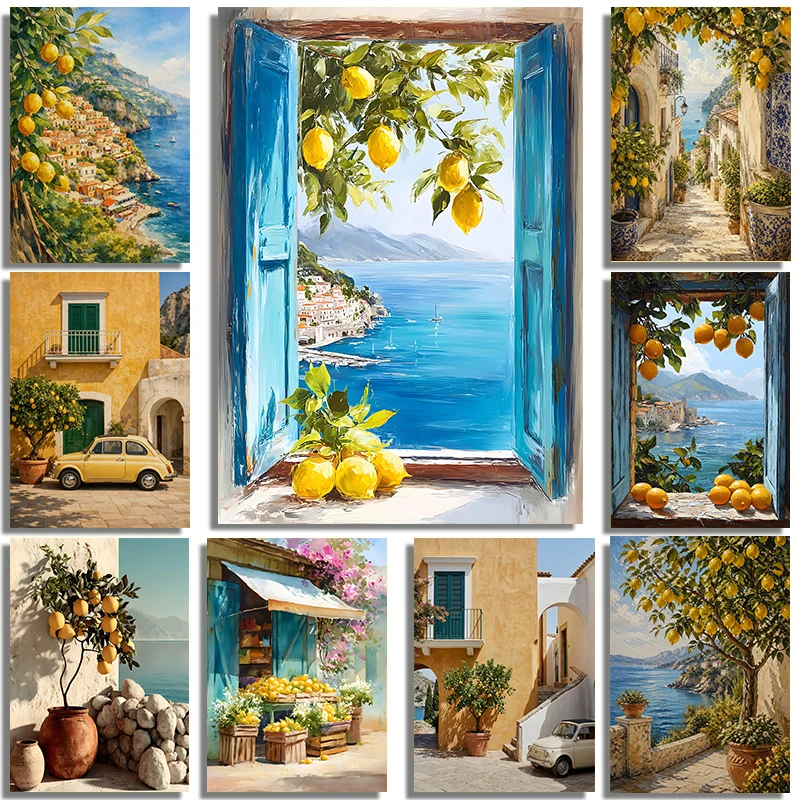 Italian Courtyard Mediterranean Lemon Tree Poster Summer Archway Coastal Prints Canvas Painting Wall Art Picture Home Room Decor