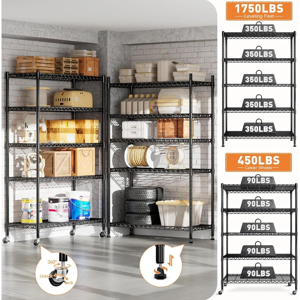 Étagères métalliques robustes réglables, étagères métalliques avec roues, rangement profond, 5 niveaux, 73.6 HTall