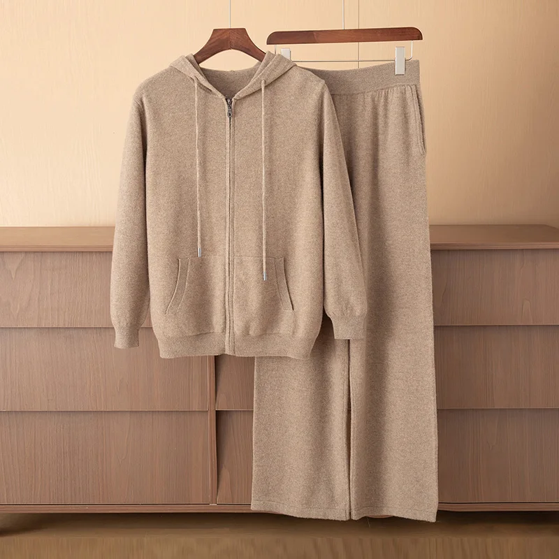 

Men's Twopiece Set For Autumn And Winter, 100% Pure Wool Knitted Hooded Cardigan Sweater Top, Casual Wide Leg Straight Leg Pants