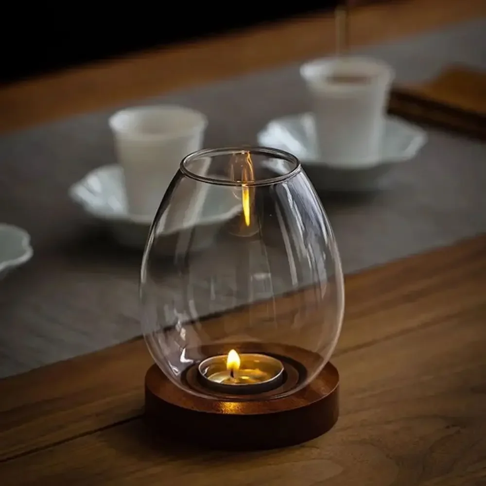 Transparent Glass Round Candlestick for Candlelight Dinner Retro Household Windproof Candle Cup Cover Home Decoration Ornament
