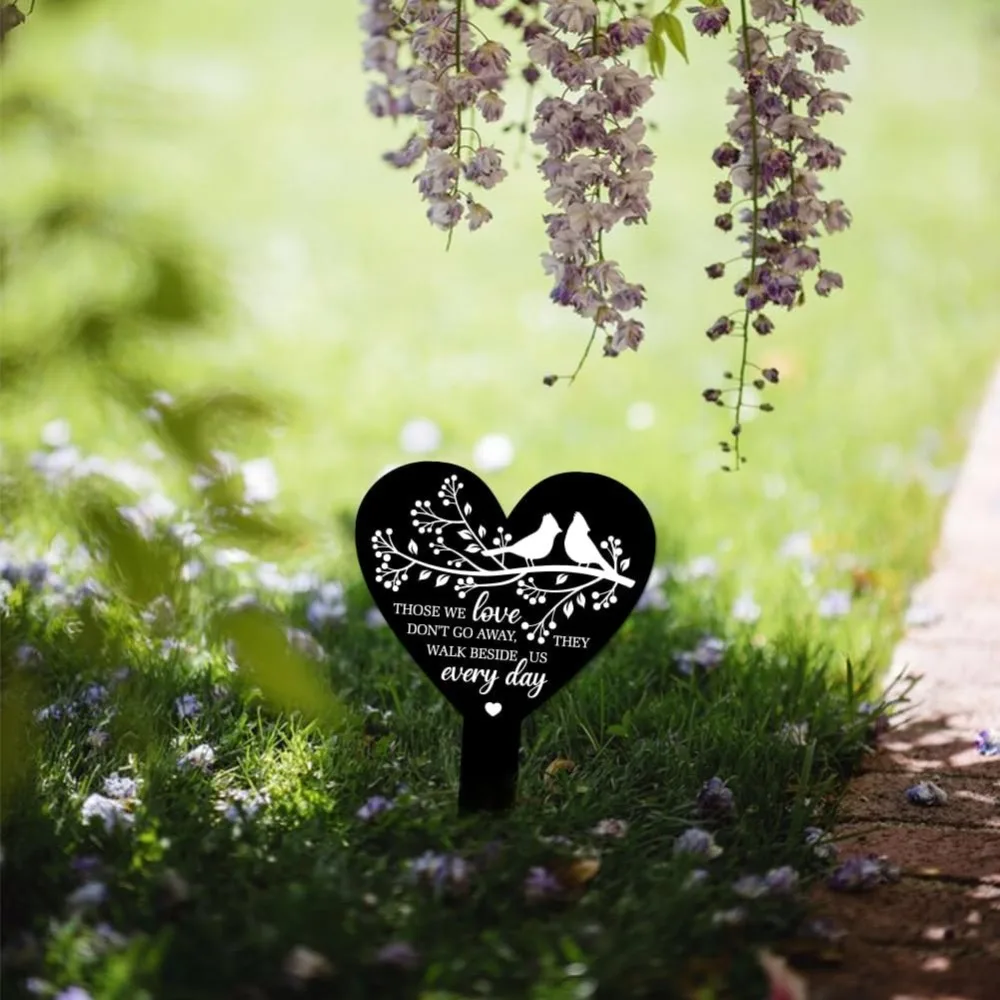 Estaca de jardim em formato de coração, ramo de pássaro, placa memorial de lembrança para cemitério, acrílico, à prova d'água, simpatia, estacas de jardim