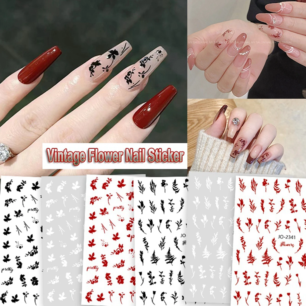 

Hand Drawn Flower Nail Stickers INS Rose Retro Style Leaf Floral Nail Art Decoration Decals