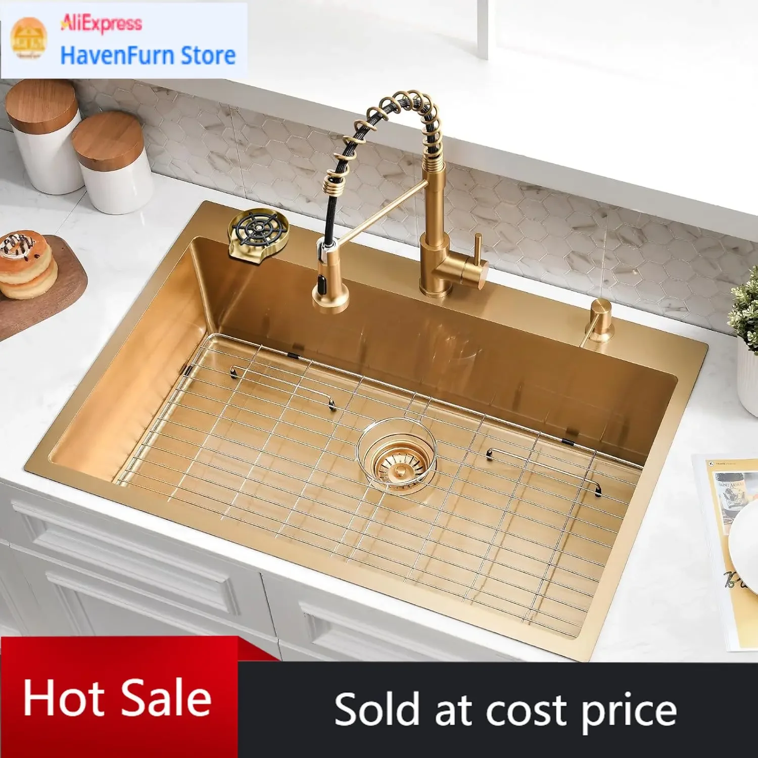 

Акционная цена: Современная кухонная мойка из нержавеющей стали золотого цвета с одинарной чашей, врезная, с диспенсером для воды, глубина 9 дюймов