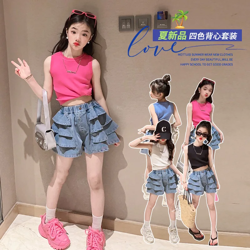 Girls\' Denim Shorts Summer Wear 2023 New Girls Internet Celebrity Fashionable Lace Culottes Big Kids Summer Clothes Pants