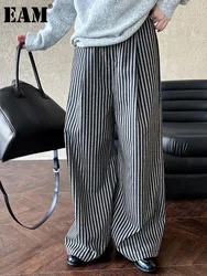 [EAM] High Waist Black Striped Brief Long Wide Leg Casual Pants New Trousers Women Fashion Tide Spring Autumn 2024 1DH7707