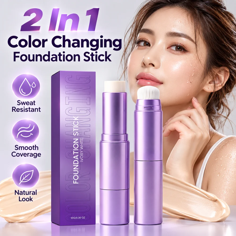 2 In 1 Color Changing Foundation Stick 10g With Built In Brush Hydrating Makeup Base For Natural Looking Everyday Coverage