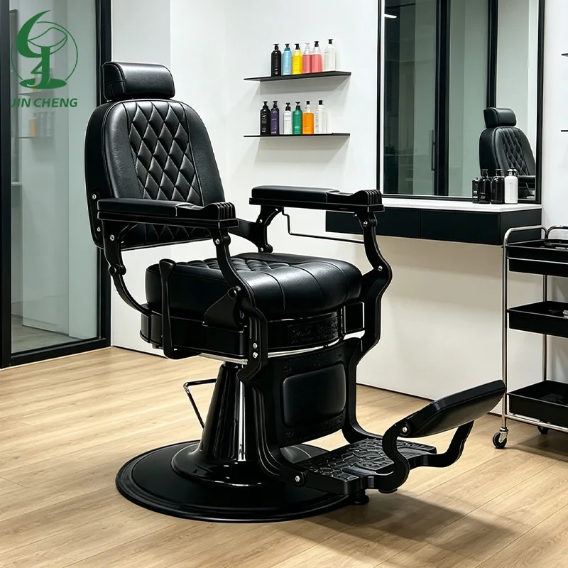 Jincheng Professional Heavy-duty Hydraulic Pump Black Leather Men's Hair Salon Retro Portable Recliner Senior Barber Chair.