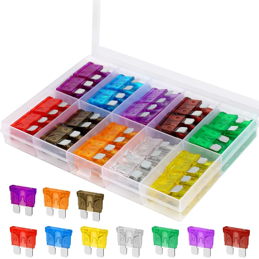 

100 шт. стандартный комплект предохранителей, комплект автомобильных предохранителей, предохранители для автофургонов, 5A/7,5A/10A/15A/20A/25A/30A/35A/40A/50A - коробка