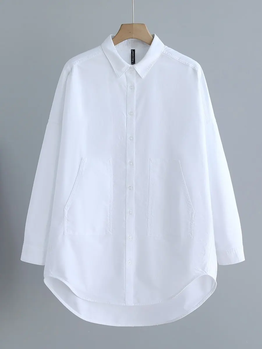 

White Cotton Blend Long Sve irt Women's Early Spring New Sle Loose Fit Ladies' Base Layer irt Collar Button Detail