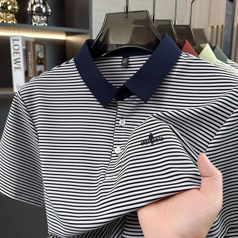 Men's Short Sleeved T-shirt 2026 Summer New Item Collar Striped Polo Shirt Ice Silk Cool Feeling Middle-aged Casual Top for Men