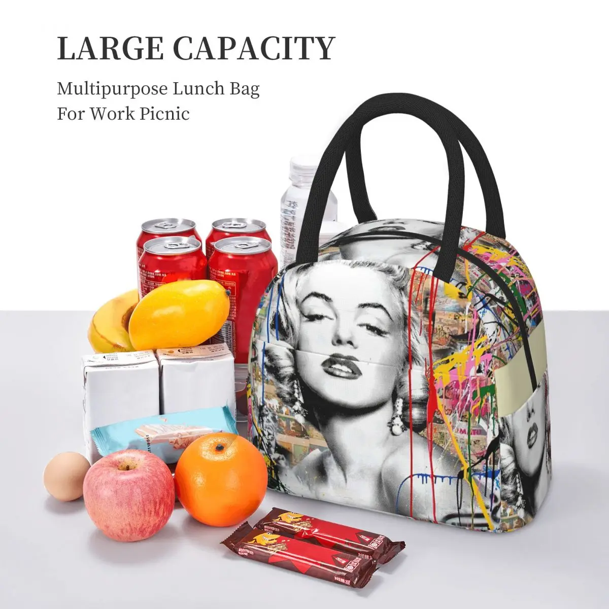 مارلين مونرو الملونة البوب المزج بانكسي الغداء حقيبة معزول بينتو صندوق الغداء حمل حقيبة تخييم حقيبة للحفاظ على البرودة لمكتب الطلاب