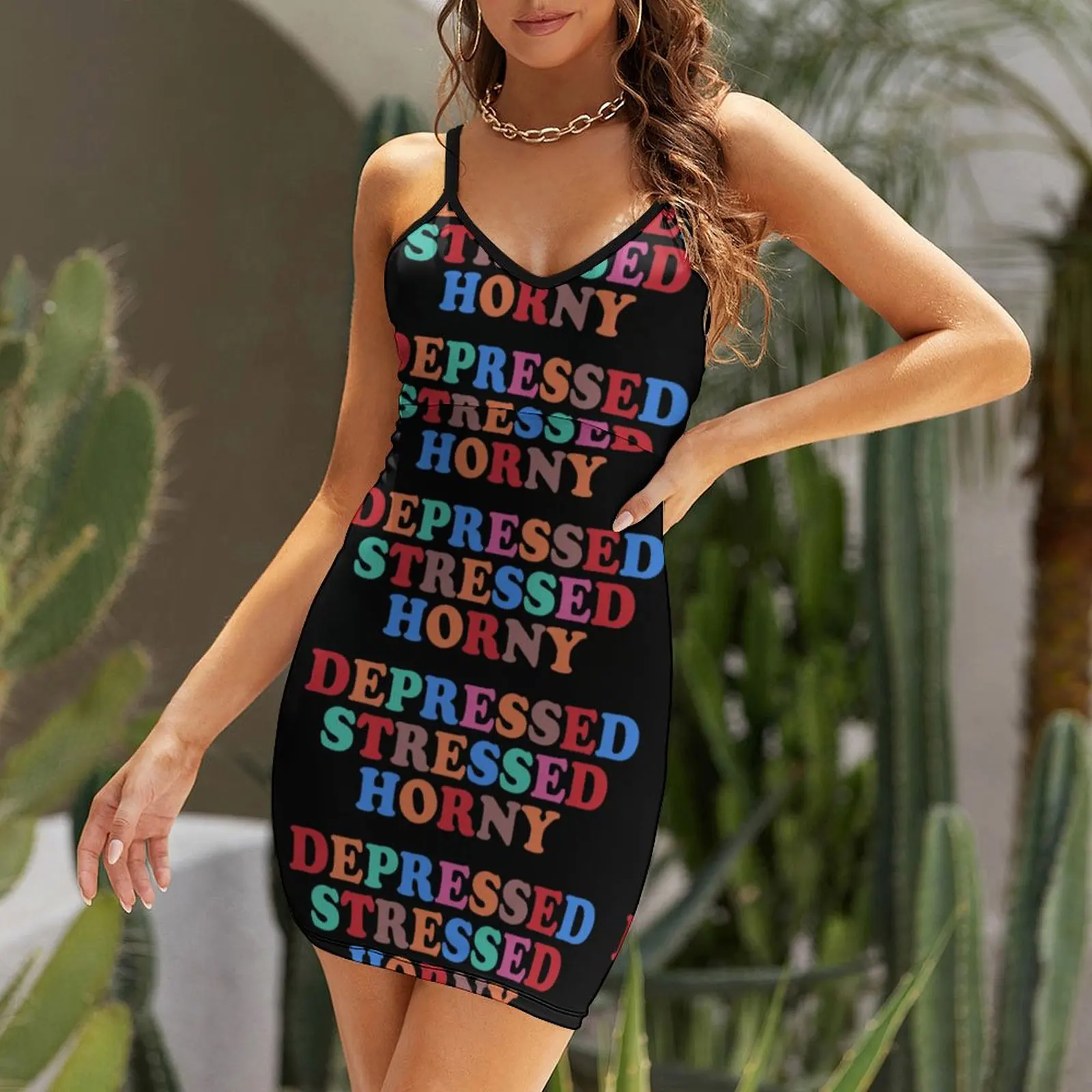 Depressed Stressed Horny Essential For Sale Abito da donna con fionda Abbigliamento da donna sexy unico Abiti da cocktail con grafica umoristica