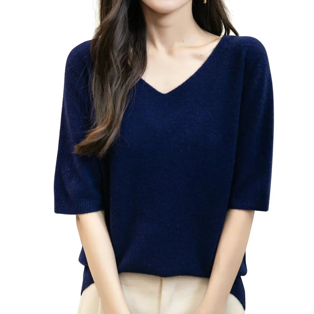 Top con scollo a V da donna 100% lana merino Primavera Autunno Inverno Prima linea pronta da indossare T-shirt a maniche corte in maglia nuova senza cuciture