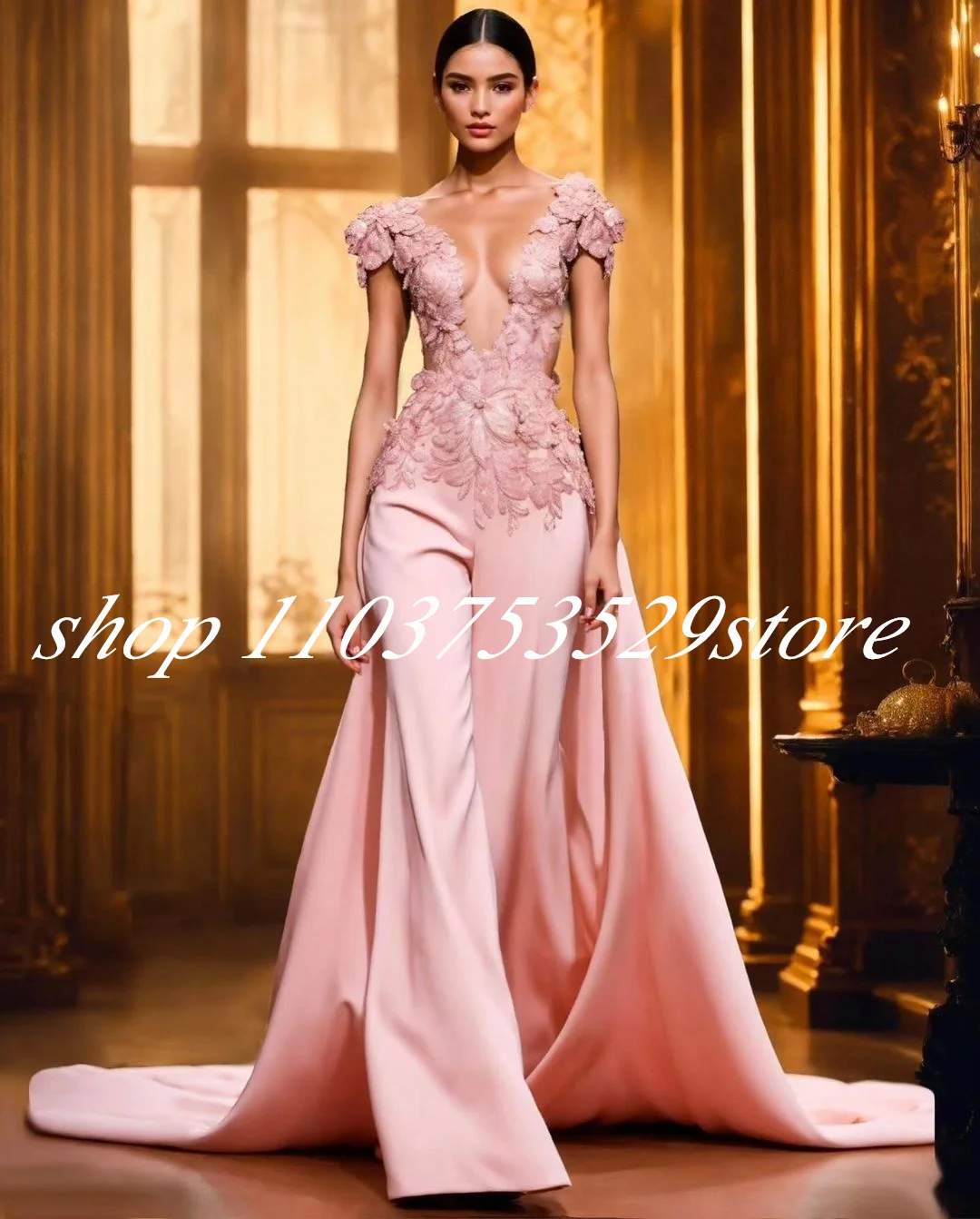 

Pink Long Jumpsuit Evening Formal Dresses with Overskirt Sheer Mesh 3D Floral Applique Cap Sleeve Prom Gala Gown Customsized
