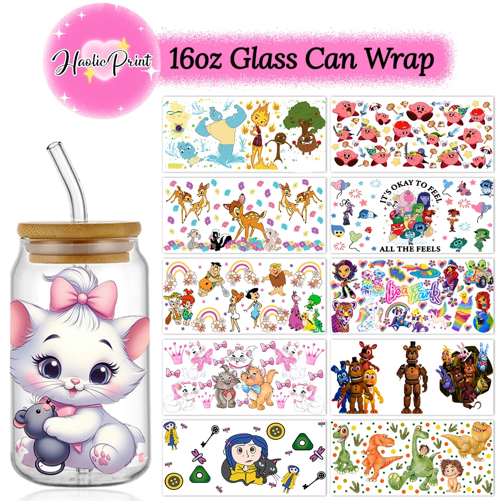 

Various Cartoons 16OZ Libbey Glass Can Tumbler Wrap Catoon kids Tumbler Wrap Full Glass Can Wrap Retro 80s The Aristocats