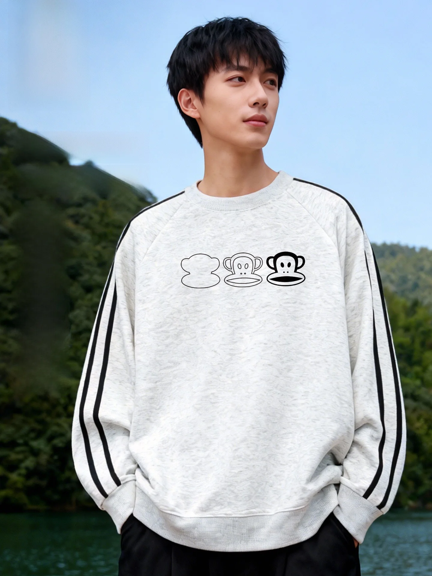 

Monkey round Ne Sweatirt Men's Spor Trendy Stripe Casual Spring Loose Fit Inner Wear Cotton Polyester Blend