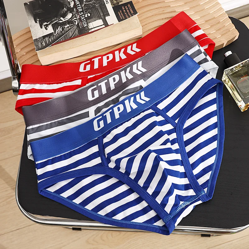 Men\'s Triangle Briefs Striped Panties Large Size Medium Waist Breathable Cotton Pants Shorts Youth Mens Underwear