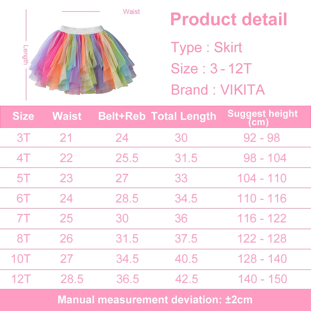 VIKITA Girls Colorful Rainbow Skirts Kids Layered Mesh Tulle Tutu Ballet Mini Skirt Girls Irregular Multicolor Princess Skirts