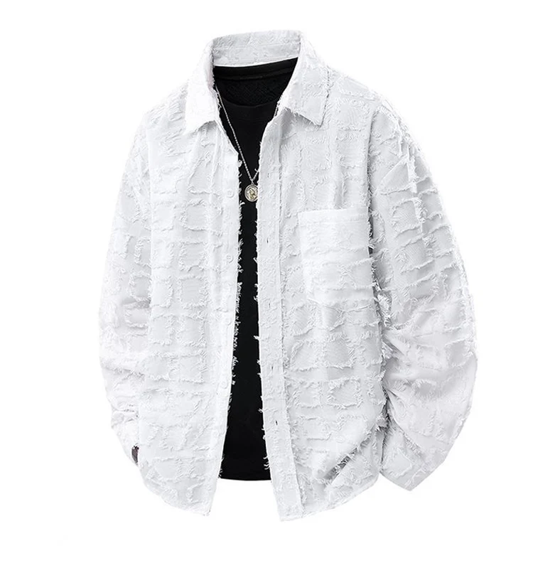 Men Textured Fringe Shirt Jacket Oversized Long Sleeve Button Up Casual Vintage Fashion Outerwear 2026 New
