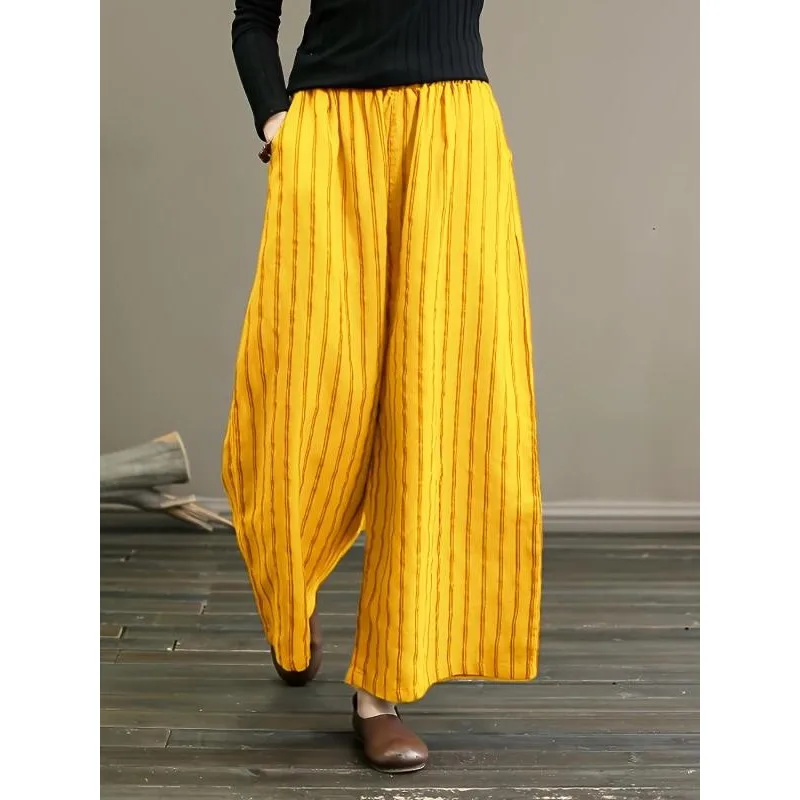 حجم كبير 1XL-5XL السراويل الصيفية النسائية مخطط واسعة الساقين تظهر التخسيس ﻿