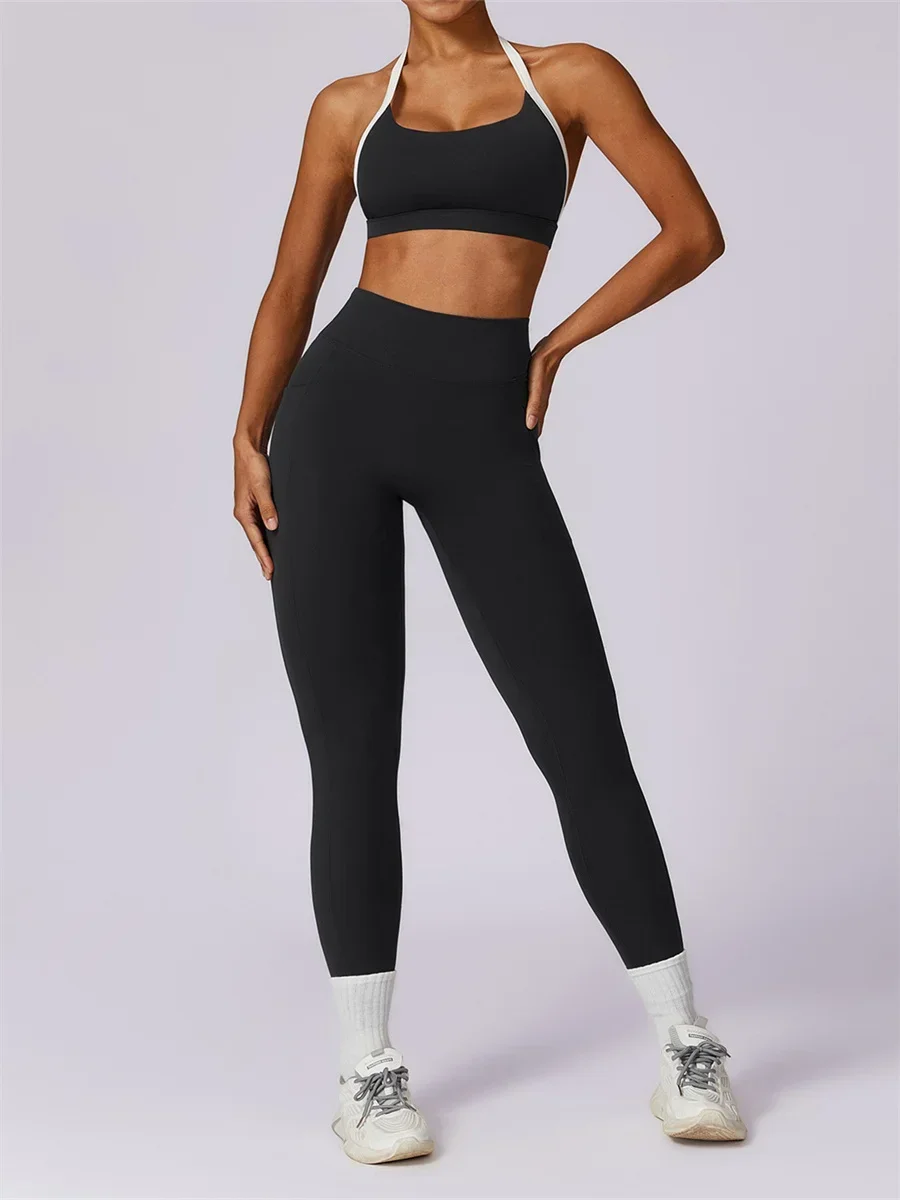 Black Blocking Color Yoga Set Women Sleeveless Bra Crop Top Gym High Waist Pocket Leggings Workout Clothes Fitness Sport Suit