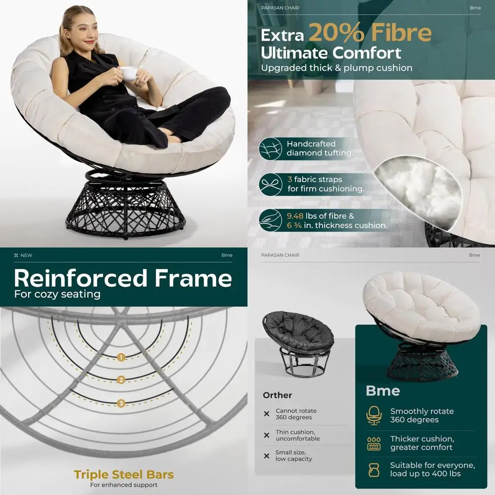 

40 Wicker Papasan Chair with Thick Cushion, 360° Swivel, Ideal for Reading and Relaxing in Living Room or Bedroom