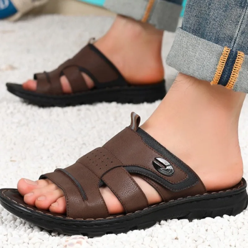 Large Size Men Slippers High Quality Cowhide Leather Slippers Summer Casual Beach Slippers Outdoor Non-slip Flat Sandals for Men image 5