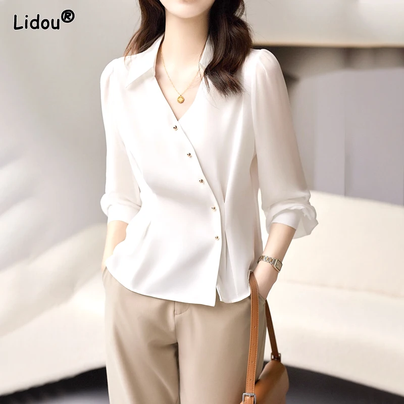 

2023 New Spring and Summer Elegance Commuting Simple and Western Style Flip V-neck Loose Oversize Design for Women's Shirt Trend