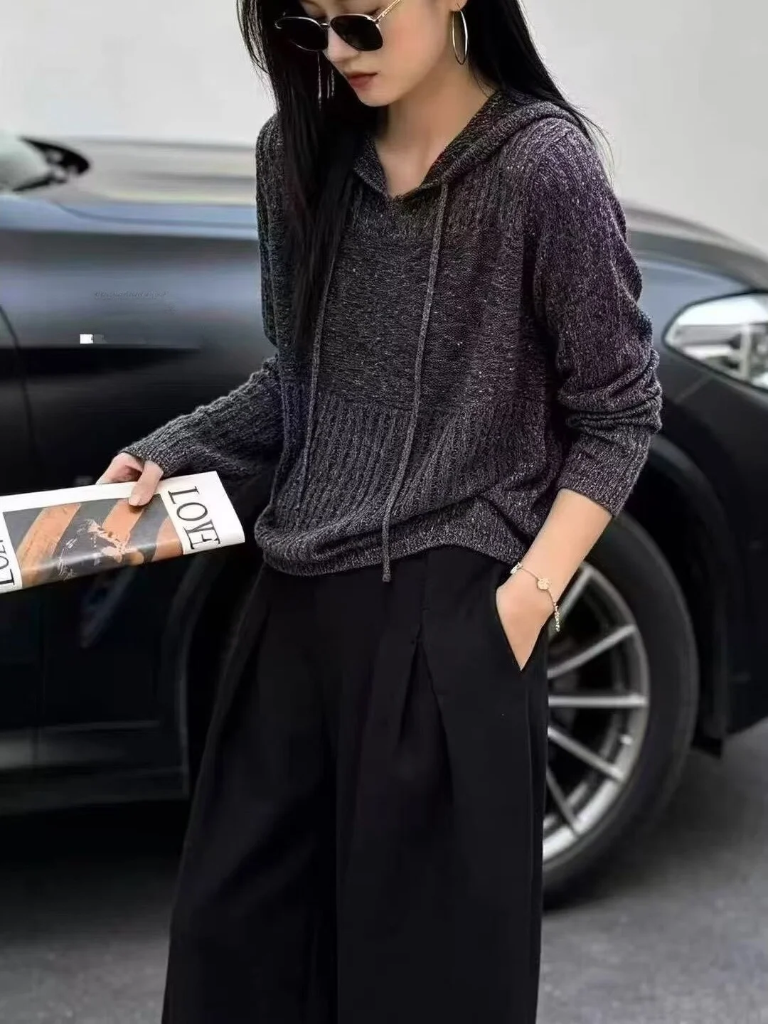Fall Fashion Soft Glitter Hat Knitted Long Sleeve Sweater Outerwear Women's Loose Fit Commute Style Knitted Top Shirt
