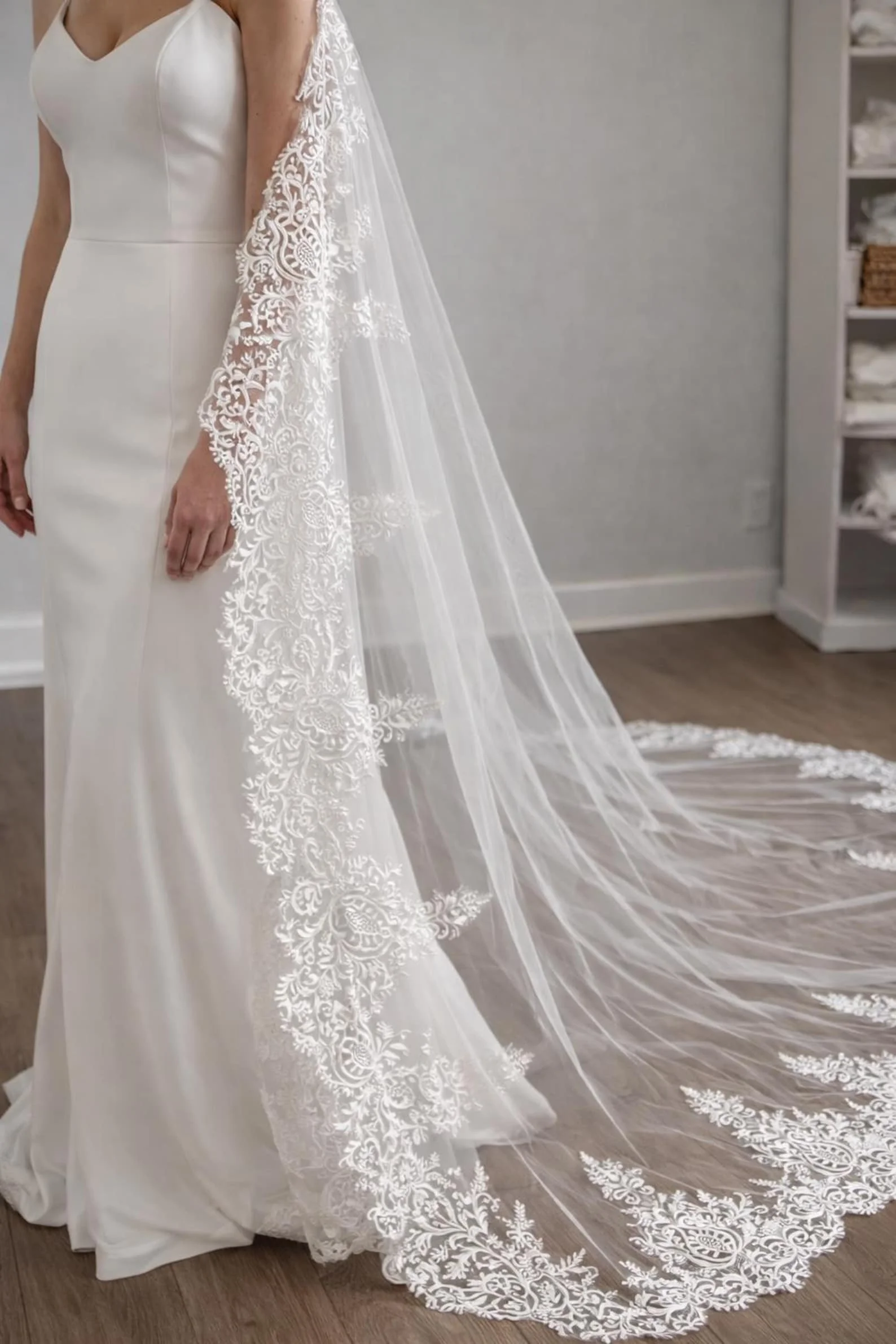 Cathedral Chantilly Mantilla Heavy Lace Wedding Veil Couture Original Design Full Lace Edge Atelier Bridal Veil with Comb