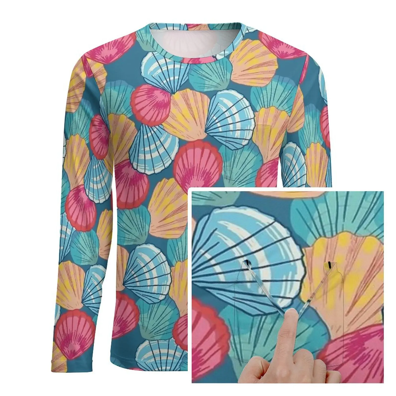 Sea Shells T-Shirt Colorful Print Hippie T-Shirts With Pocket Long Sleeve Graphic Tops Autumn Y2K Oversize Tees