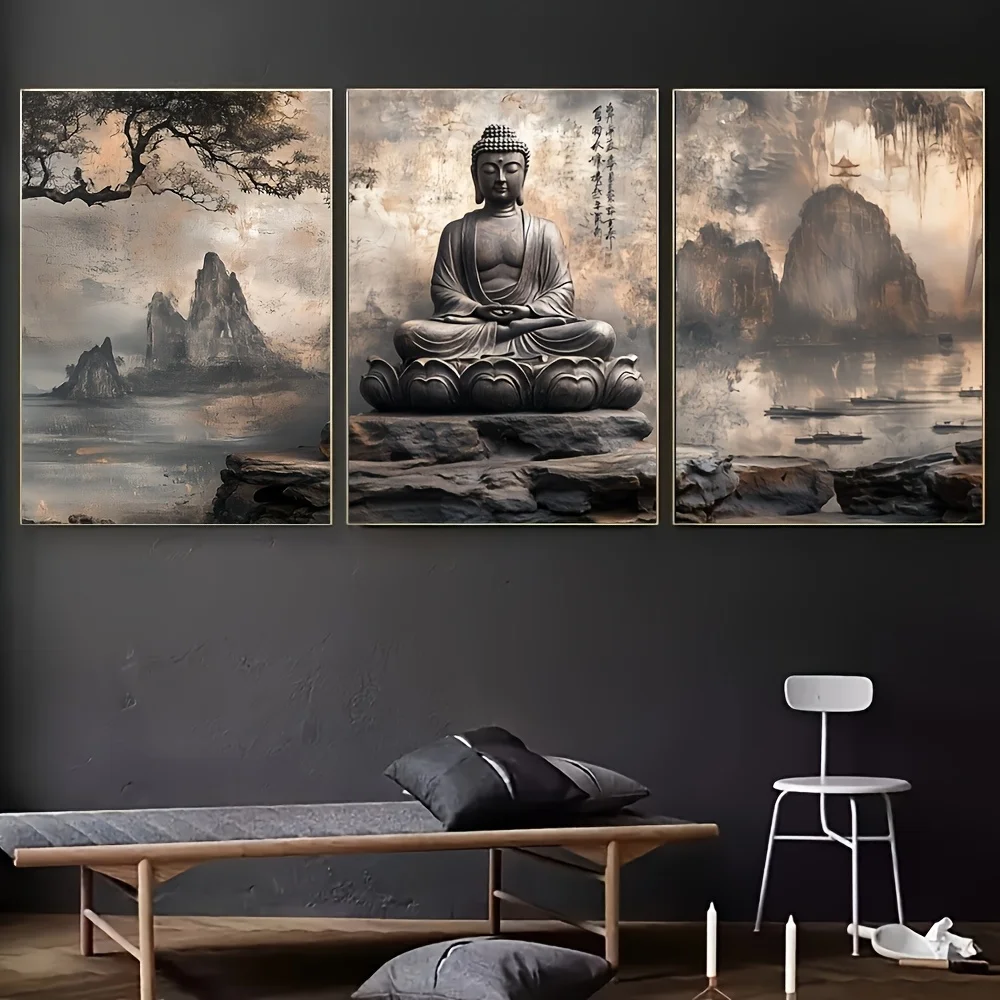 3pcs Buddha Meditation - Asian Style Zen Buddhist Canvas Paintings Suitable for  Meditation Room Decor - Spiritual Gift Poster